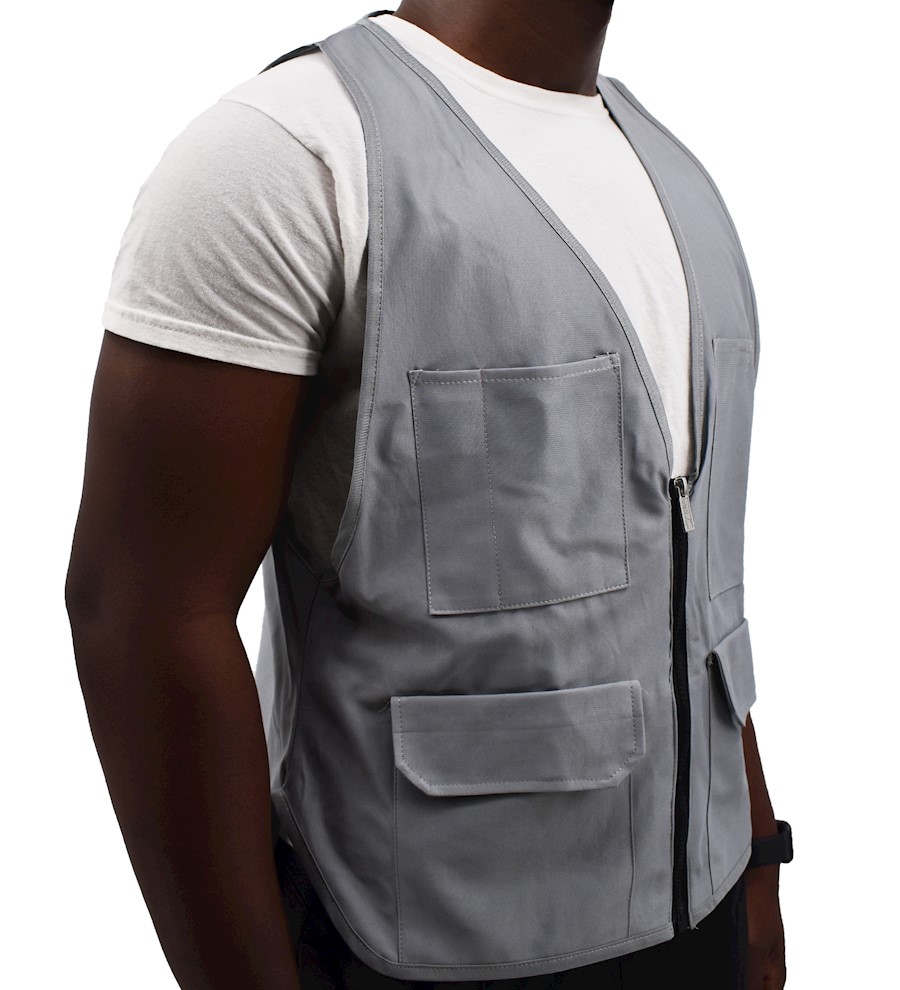 blue shirt gray vest